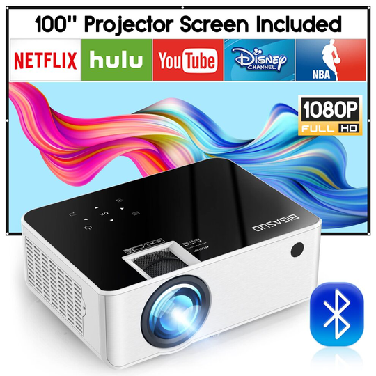 Native 1080P Bluetooth Projector with 100'' Screen, 250'' Big Display Supported Mini Outdoor movie projector, BIGASUO 9000L HD Projector Home Cinema
