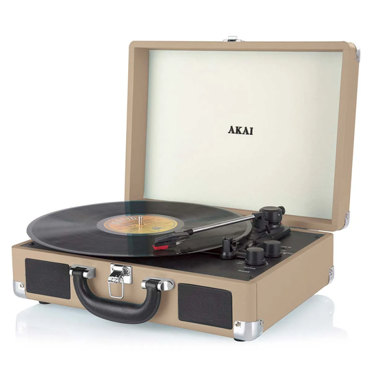 Akai Retro Rechargeable Bluetooth Turntable In Faux Leather Case Taupe