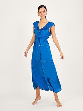 Monsoon Frill Collar Plain Midi Dress - Blue, Blue, Size S, Women