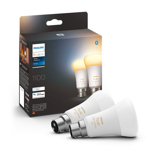 Philips Hue White Ambiance Smart Bulb Twin Pack LED B22 with Bluetooth - 1100 Lumen