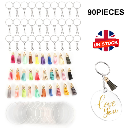 90x Clear Acrylic Discs Keychain Blanks Tassel Pendants Key Ring Kit