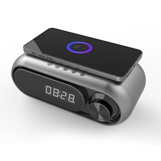 (Grey, 5W) 3 In 1 5W/10W Bedside Wireless Charging Audio LED Clock Alarm Clock Audio Wireless Charger Bluetooth Music Speaker
