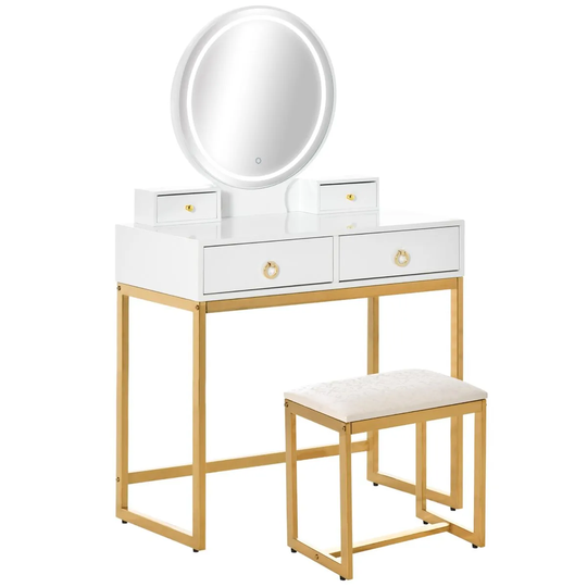 HOMCOM Dressing Table Set With Round LED Mirror And Stool 4 Drawers Square Legs White And Gold