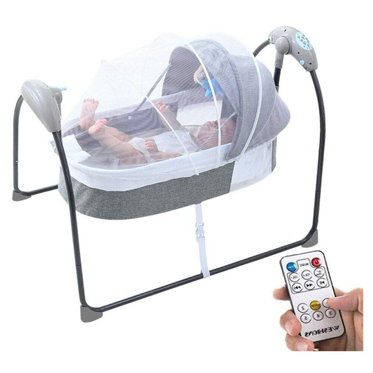 (Grey) Electric Baby Cradle with Bluetooth Music Remote Control 5 Swing Amplitudes