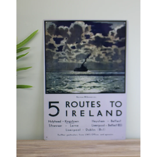 Vintage Metal Sign - Retro Art - 5 Routes To Ireland Ferry Poster
