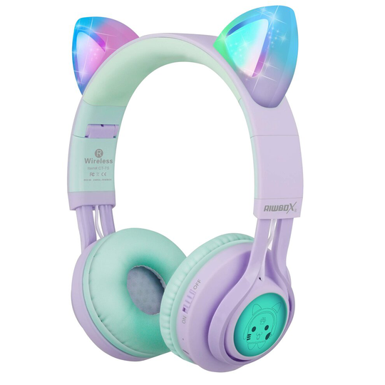 Kids Headphones, Riwbox CT-7S Cat Ear Bluetooth Headphones Volume Limiting 85dB,LED Light Up Kids Wireless Headphones Over Ear with Microphone for iPh