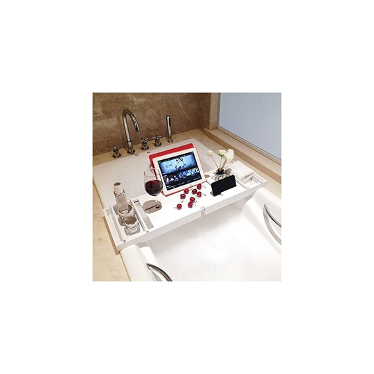organiser Luxury Extendable Bamboo Bath Tub Caddy Bathroom Trays with Tablet Phone Slots, Candle Mug/Cup Holder, Bathroom organiser - White -,75x