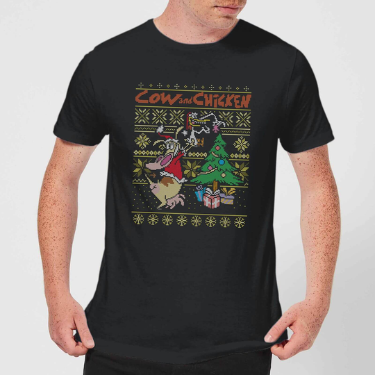 Cow and Chicken Cow And Chicken Pattern Men's Christmas T-Shirt - Black - XS