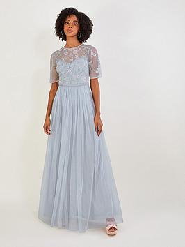 Monsoon Harri Embroidered Maxi Bridesmaid Dress - Silver