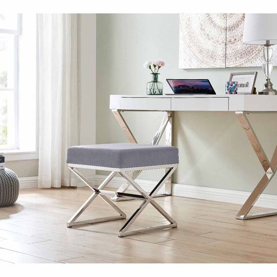 Furniture Box Oxford Modern Silver Chrome Metal And Velvet Luxury Upholstered Square Grey Seat Bench