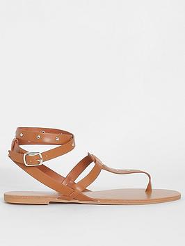 Boohoo Toe Post Studded Sandal - Tan, Black, Size 3, Women