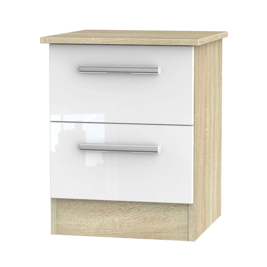 Goodland Ready Assembled 2 Drawer Bedside Cabinet With Wireless Charging White Gloss/Bardolino Light Oak