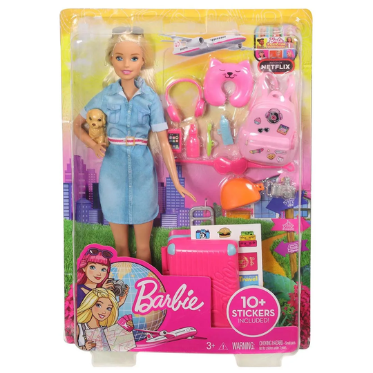 Barbie Doll And Travel Set With Puppy Luggage And 10+ Accessories Multicolour