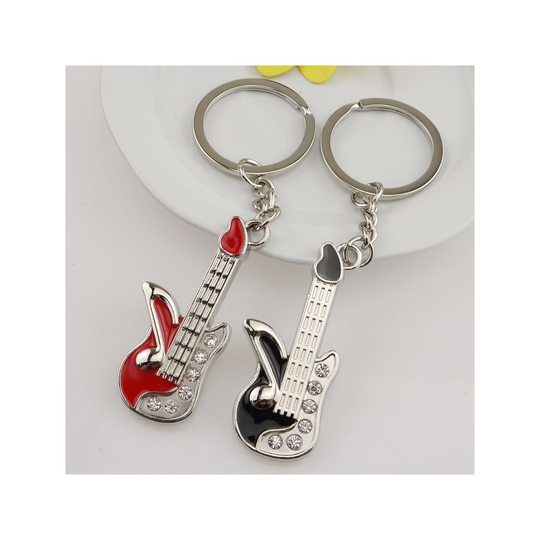 Black Red Electric Guitar Silver Metal Keyring Key Chain Novelty Gift Present Black Guitar