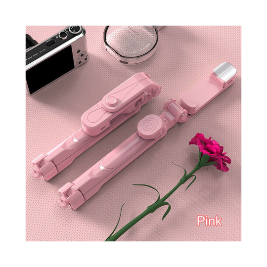 (Pink) Portable Selfie Stick Phone Tripod + Bluetooth Remote & Fill Light Live Stream