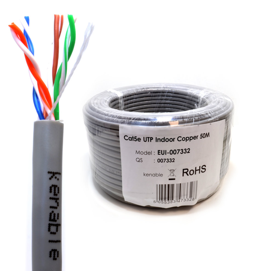 kenable Indoor CAT5e U UTP COPPER Ethernet Network SOLID Cable Reel 24AWG 50m Grey