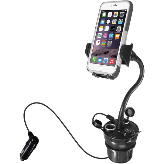 Macally MCUPPOWER 8-Inch (20 Centimeter) Super-Long Adjustable Car Cup Mount Phone Holder with 2 USB Ports and 2 Cigarette Lighter Sockets