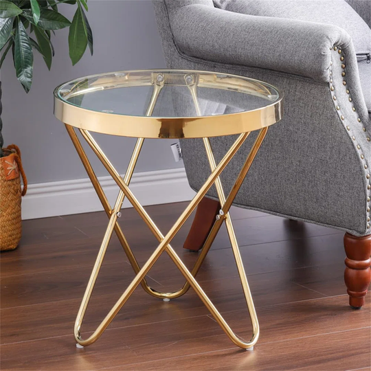 Aithen Glass Top Cross Legs End Table