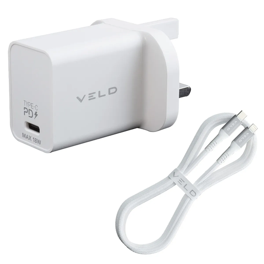VELD 18W Super-Fast Type-C Wall Charger + 1m Type-C to Lightning Cable for use with Apple products