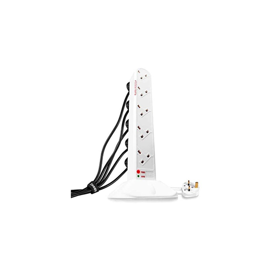 Duronic 10 Way Extension Lead Tower ST10W | 10 Gang Power Strip Cord | Surge & Spike Protector | UK Plug Sockets | WHITE | Electric Multi Plug Adapter