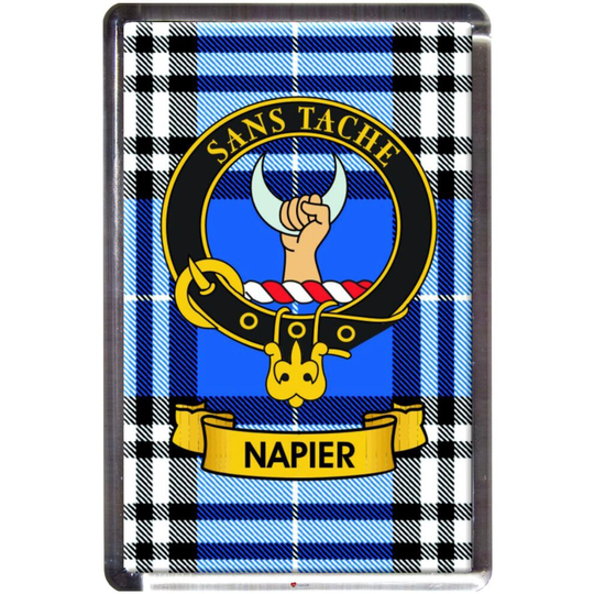 Napier Tartan Fridge Magnet with Scottish Clan Crest on Clear Acrylic Rectangular Base