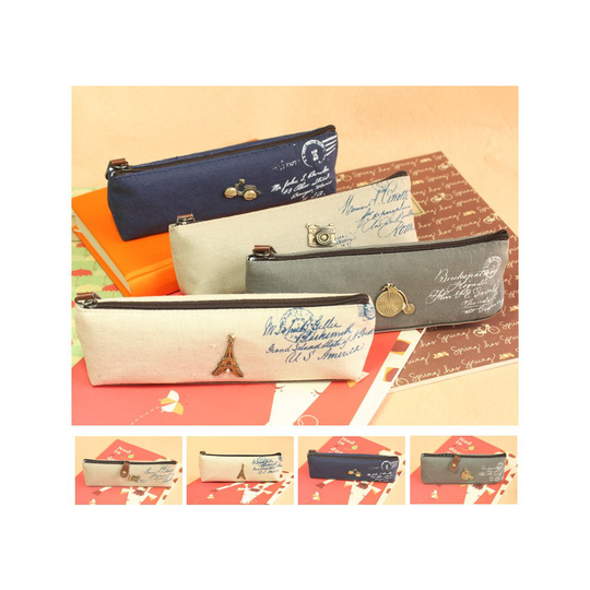 Classic Vintage Style Canvas Pencil Case With Copper Metal Decor Camera