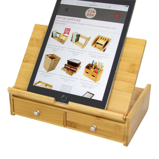 Desktop Adjustable iPad Notebook Stand / Book Holder, Stationery Organiser with Drawers. Made of Natural Bamboo.