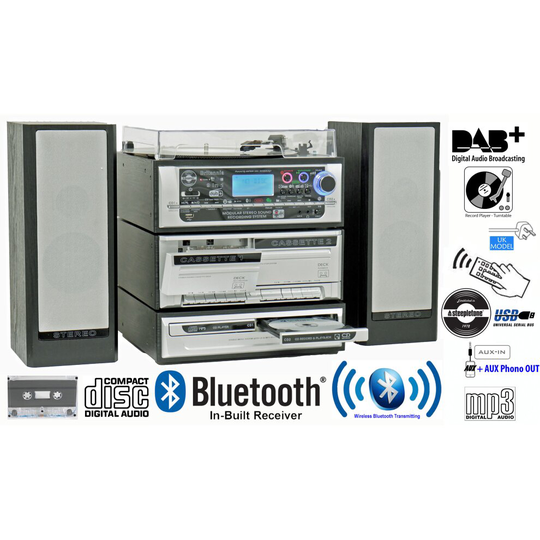 Steepletone BRITANNIA 9-in-1 CD RECORDING Music System, Vinyl Record Turntable, Twin CD, Twin Cassette, USB, FM/DAB Radio, Bluetooth Receive/Transmit