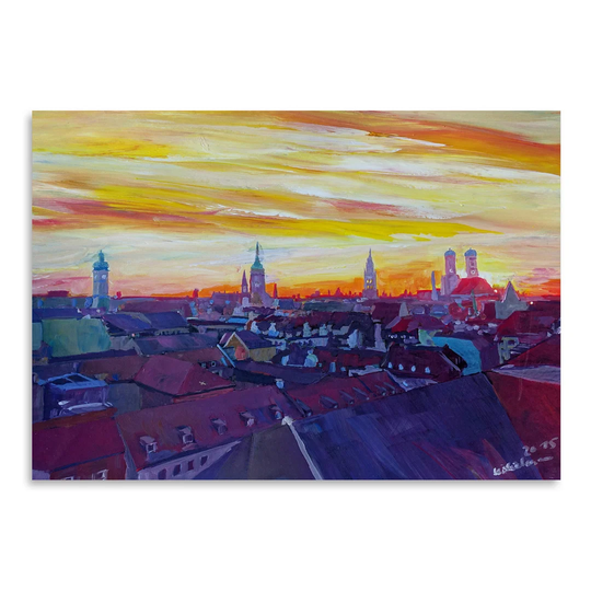 Munich Skyline with Burning Sky at Sunset by Markus Bleichner - Painting Print on Paper