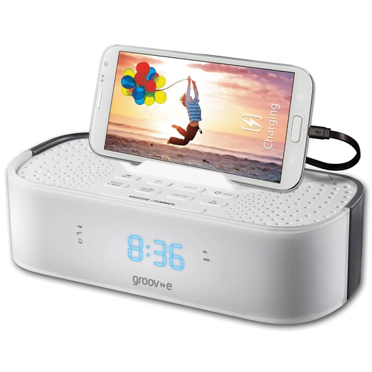 Groov-e TimeCurve Alarm Clock Radio with USB Charging Station - White