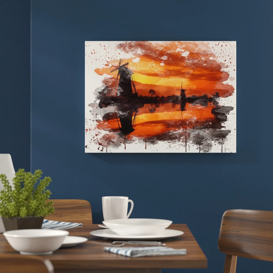 'Landscape Windmills Sunset' Graphic Art Print Poster