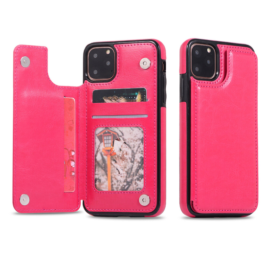 (Rose Red, iPhone11 6.1) iPhone Leather Case Crazy Horse Pattern Double Buckle Flip Card Holder Phone Case