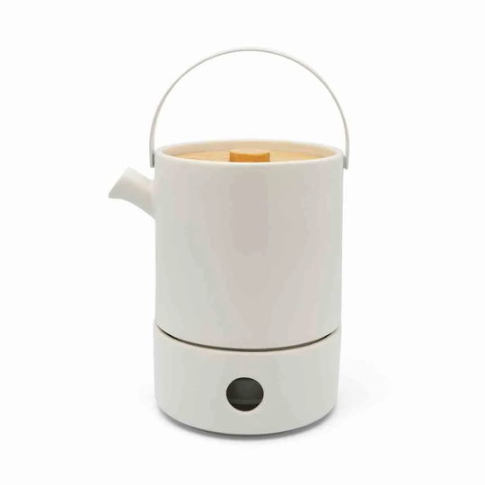 Bredemeijer Tea Set Umea Design Stoneware Teapot 1.2L With Warmer In White With Bamboo Lid