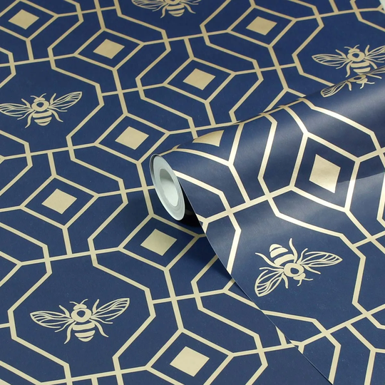 Furn. Bee Deco Dark Blue Geometric Foil Wallpaper