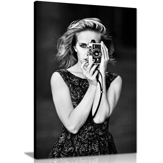 Black and White Woman with Camera Artistic - Wrapped Canvas Painting
