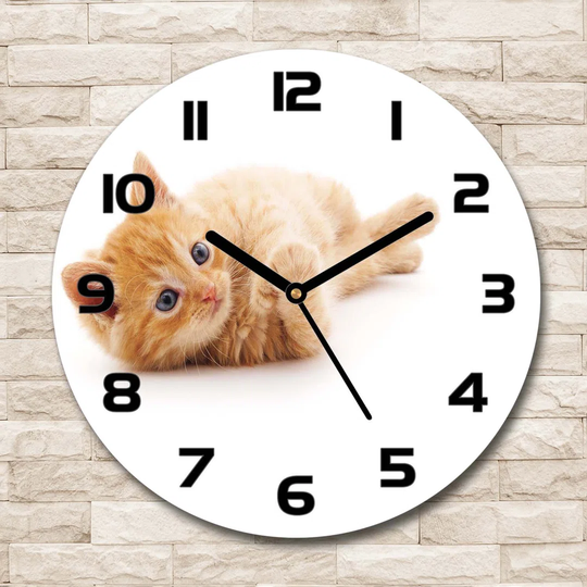 Glass Wall Clock 30Cm Round Decoration Picture Wall Art Modern Decoration Kitchen Living Room Silent - Red Cat,126034635