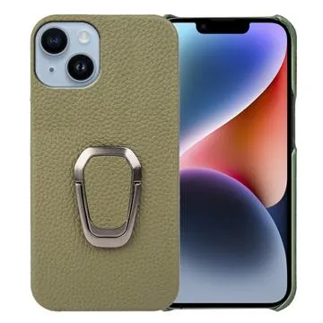 iPhone 14 Leather Coated Case with Ring Holder - Dark Green
