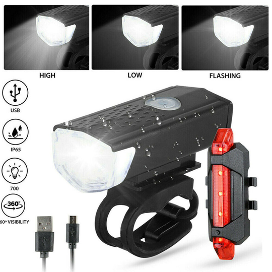 LED Bike Front Light Rear Lamp USB Rechargeable Security Cycling Set