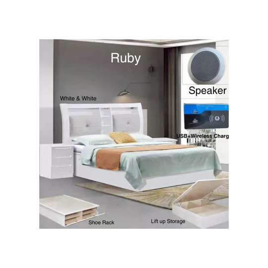 (White, King ) Ruby High Gloss Storage Bed with Bluetooth Speaker