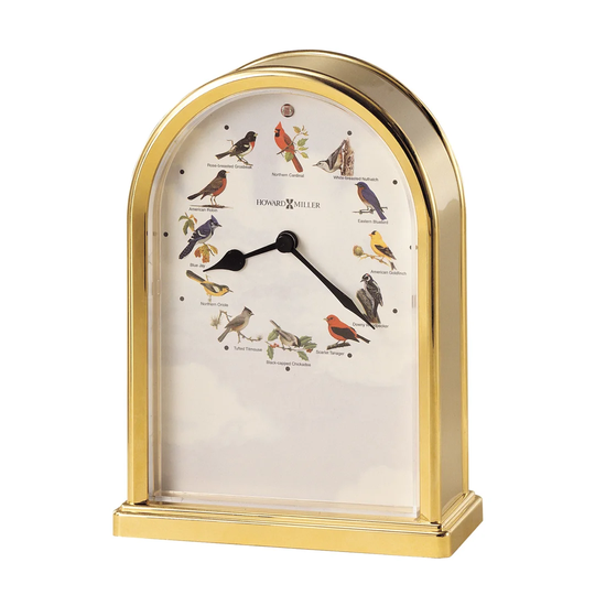 Musical and Chiming Songbirds of America Traditional Analog Arcylic Quartz Tabletop Clock in Polished Brass/Brushed Brass