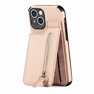iPhone 14 Case with Zipper Pocket & Stand - Carbon Fiber - Beige