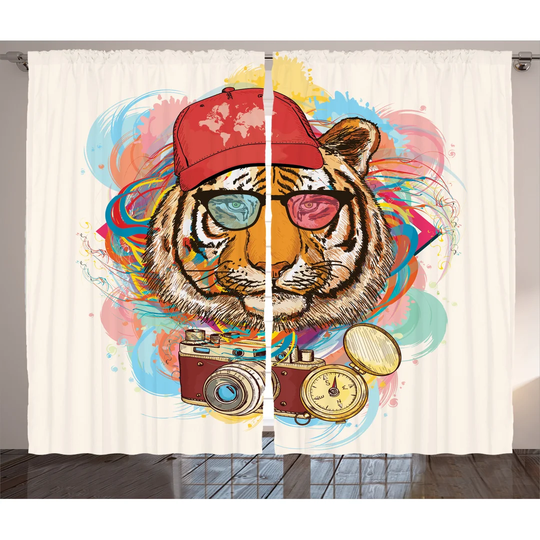 Pafford Hipster Rapper Tiger Sunglasses Hat and Camera Artist Hippie Comic Print 2 Piece Room Darkening Curtain Set