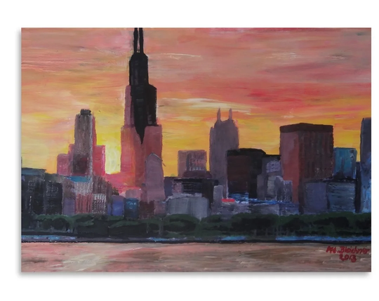 Chicago Sunset Red by M Bleichner - Unframed Painting Print on Paper
