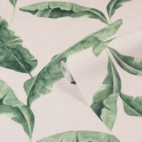 Furn. Plantain Teal Blue/Blush Pink Botanical Printed Wallpaper