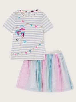 Monsoon Girls Celebration Stripe Short Sleeve Tshirt And Skirt Set - Blue, Blue, Size Age: 3-4 Years, Women