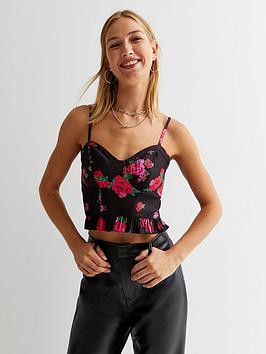 New Look Black Floral Frill Corset Crop Top