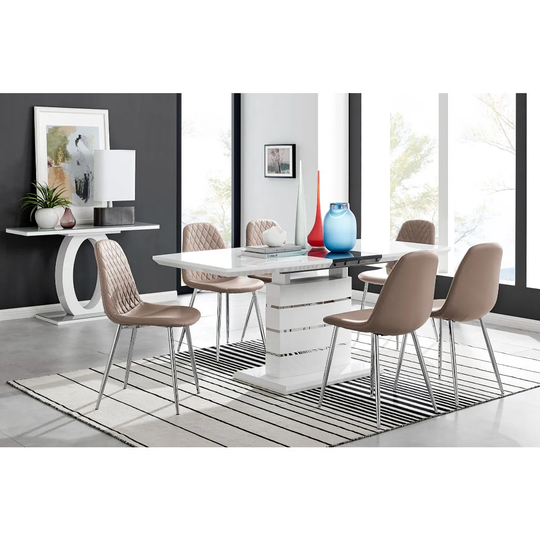 Furniture Box Renato High Gloss Extending Dining Table and 8 x Cappuccino Corona Silver Leg Chairs