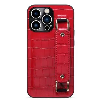 iPhone 14 Pro Coated Case with Hand Strap & Card Slot - Crocodile - Red