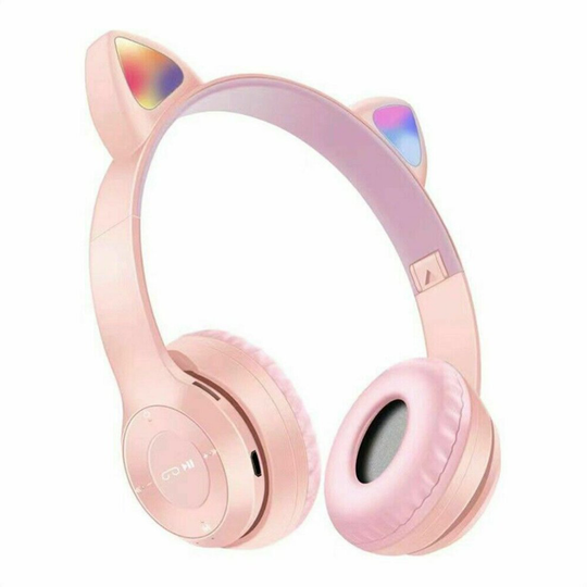 (Pink) Kids Headphones Wireless Bluetooth Headset LED Lights Cat Ear Earphone
