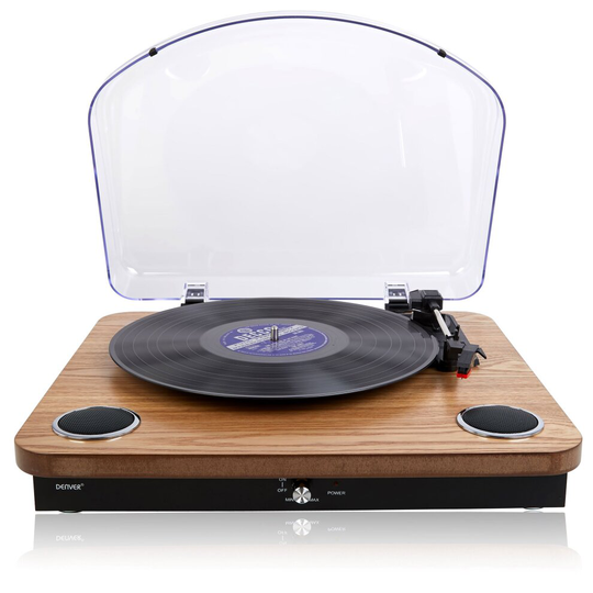 (Light Wood) Denver VPL-210 Vinyl Record Player Turntable - Bluetooth, Record to MP3, Built In Speakers